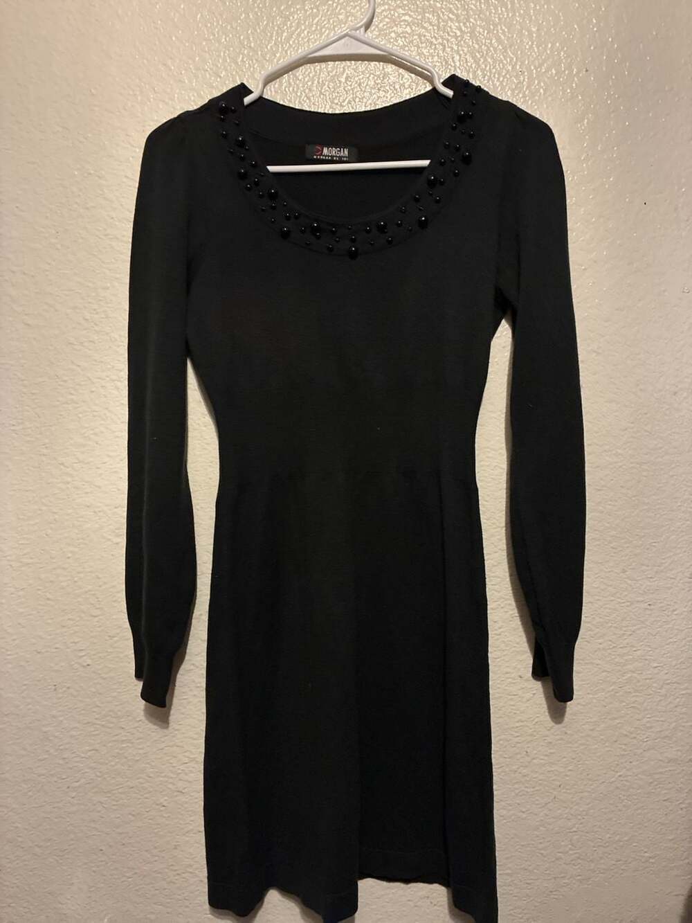 Morgan De Toi Black Long Sleeve Mini Dress with Pearl Embellished Neckline Y2K